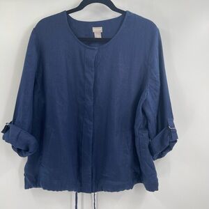 Chico's Womens Drawstring Hem 3/4 Sleeve Linen Jacket Lightweigh Blue Size 16/18